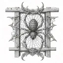 An abstract representation of a spider intertwined with cybersigilism symbols on a fence tattoo design idea