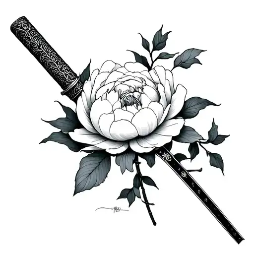 Grand Katana who passes through a peony. Light and fine lines. In black and gray tattoo design idea