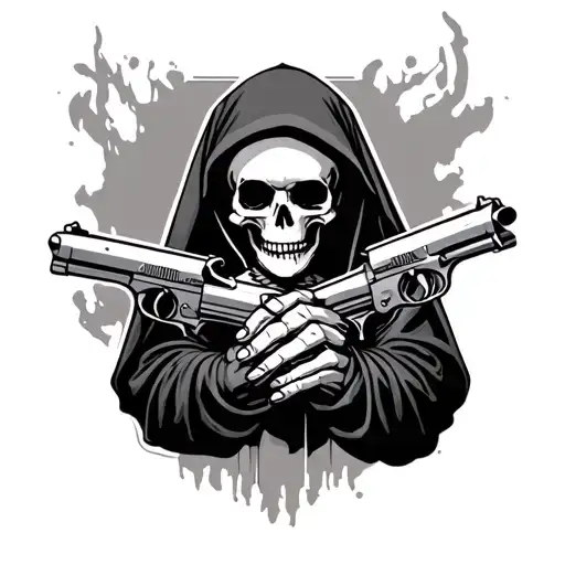 hooded skeleton holding two Silver pistols in crossed hands in nun's clothes tattoo design idea