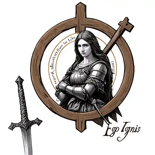  Figure of Joan of Arc. Quote in the halo: Et Ego Ignis. wooden cross behind her and sword in her arm  tattoo design idea