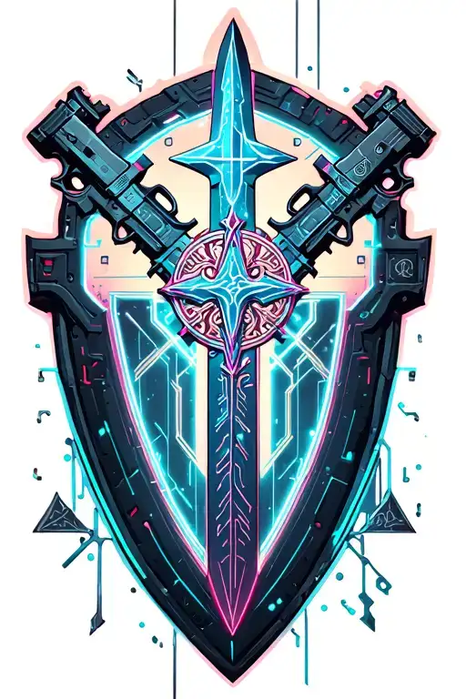 Two cyber daggers and sword hiden behind a shield, two cyber pistols, orthodox cross  tattoo design idea