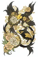 fish tui and la from anime avatar in vidn yin and yang flowers black and gold tattoo design idea