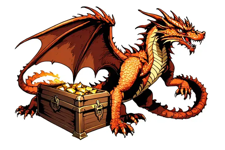 Smaug the dragon from The Hobbit with a fierce head, wings, his long tail extending left to curl around a treasure chest tattoo design idea