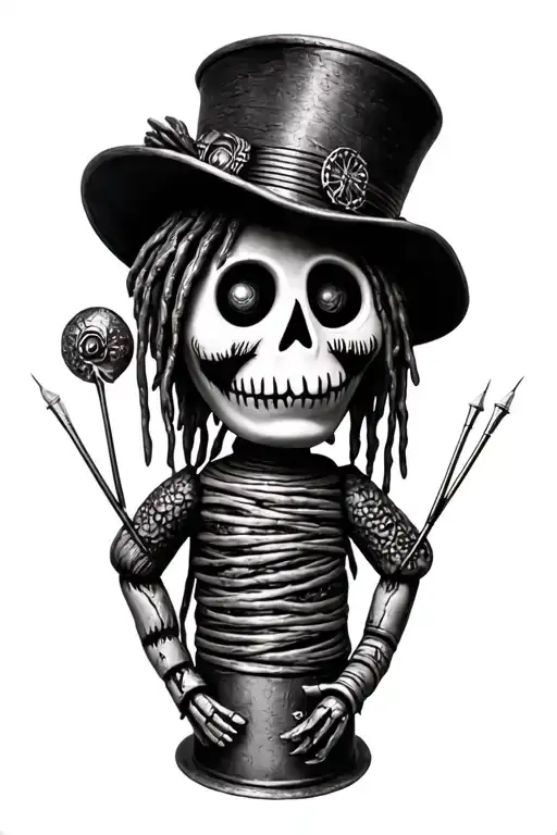 voodoo doll with cylinder hat and needles on his own hand tattoo design idea