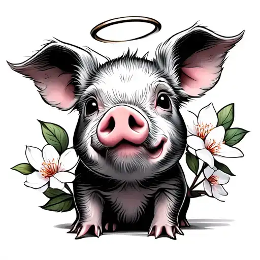 cute baby pig with cherry blossom behind one ear and a halo tattoo design idea