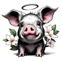 cute baby pig with cherry blossom behind one ear and a halo tattoo design idea