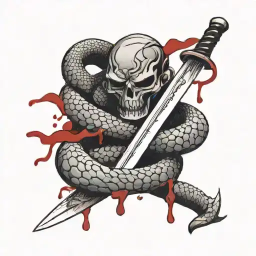 snake bleeding while wrapped tightly around a samurai sword thats damaged due to war tattoo design idea