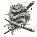 snake bleeding while wrapped tightly around a samurai sword thats damaged due to war tattoo design idea