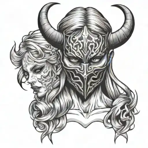 male tattoo image of a girl hiding her face under a mask devil face tattoo design idea