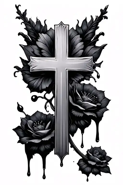 dainty, feminine cross with flowing blood tattoo design idea