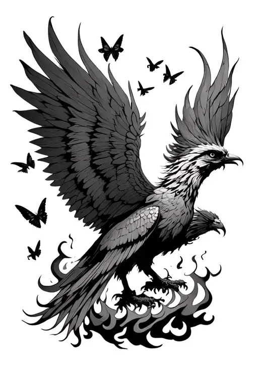 phoenix rising from flames with large moths flying around its head tattoo design idea