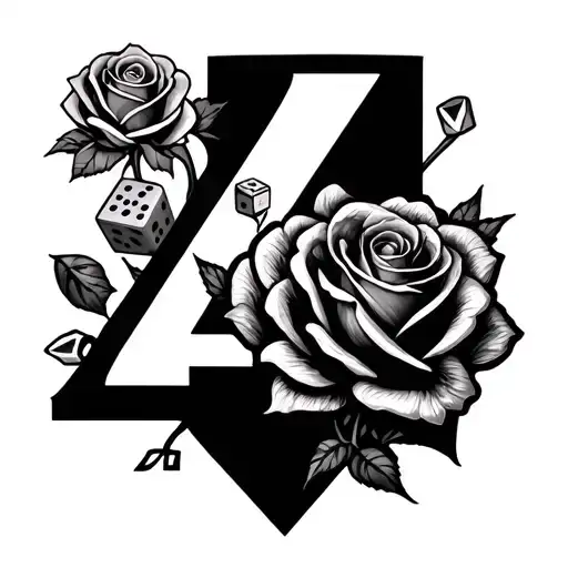 Make me a arm sleeve tattoo including the following subjects roses, dice on the number 4, detailed heart, and a masculin tattoo design idea