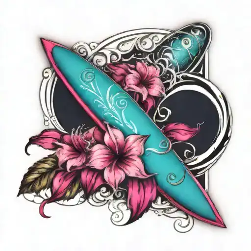 Turquoise blue surfboard turning fuchsia pink without flowers tattoo design idea
