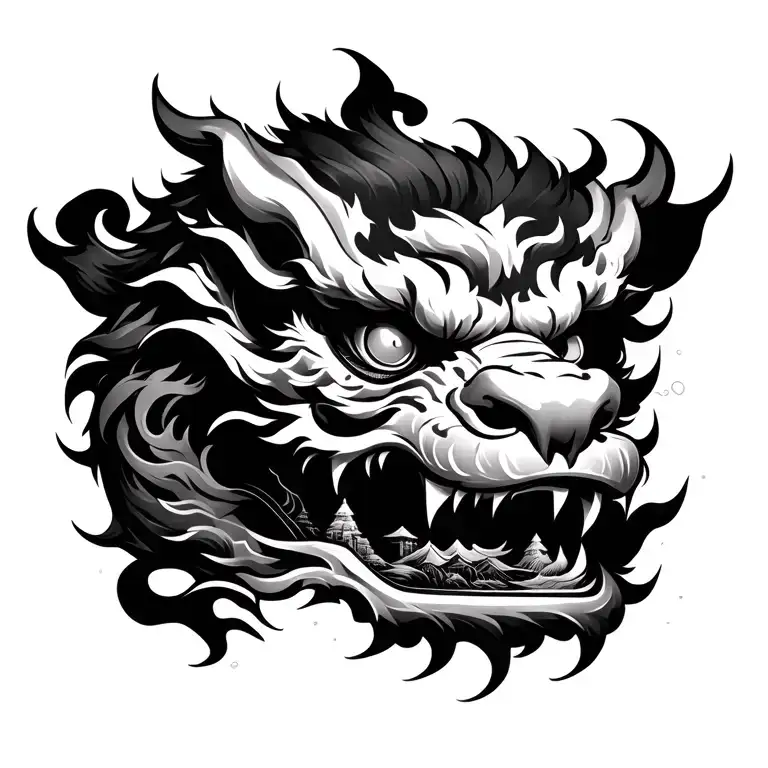 foo dog tearing open skin to reveal an Asian landscape  tattoo design idea