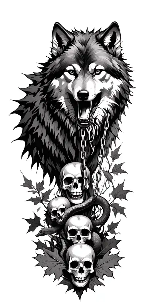 A wolf biting a broken chain, flowing into oak leaves, dark plants with three skulls one with a snake, ending in a witch tattoo design idea