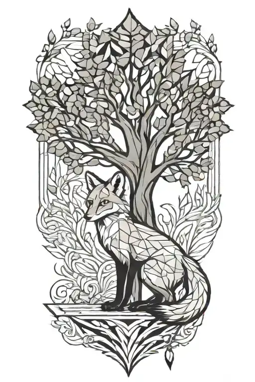 fox under a tree tattoo design idea