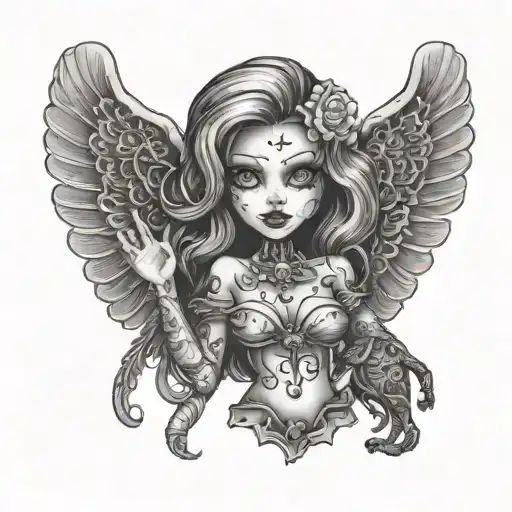 sexy doll holding voodoo doll tattoo design idea