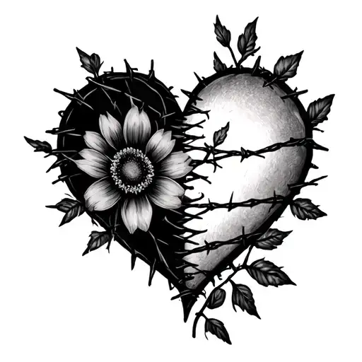 half flowers half barbed wire heart shape tattoo design idea