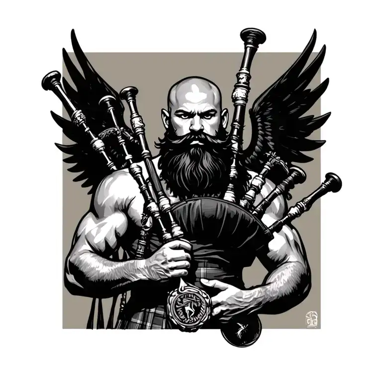 scottish bagpiper bald black beard muscular wearing glengarry pipes in arm big black wings shirtless tattoo tattoo design idea