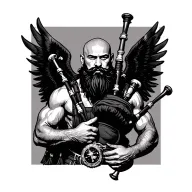 scottish bagpiper bald black beard muscular wearing glengarry pipes in arm big black wings shirtless tattoo tattoo design idea