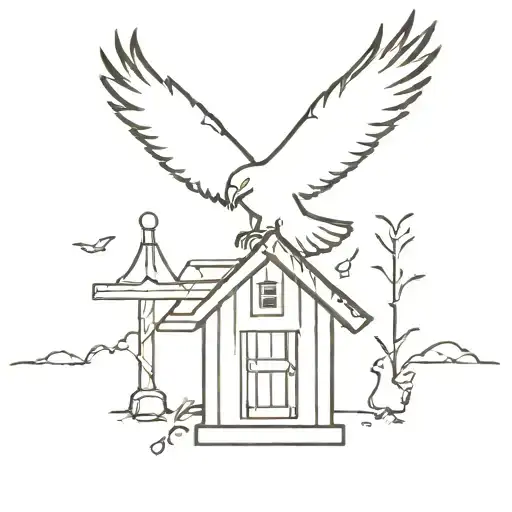 a eagle flying above a chicken coop with baby chickens looking up at it in the cooo  tattoo design idea