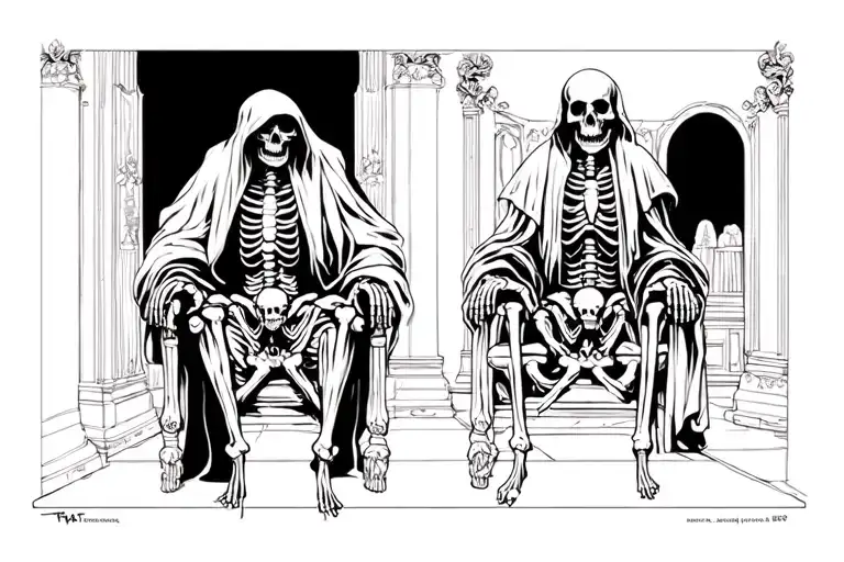 Skeleton King Grim Reaper Skull and Bone Throne room surrounded tattoo design idea