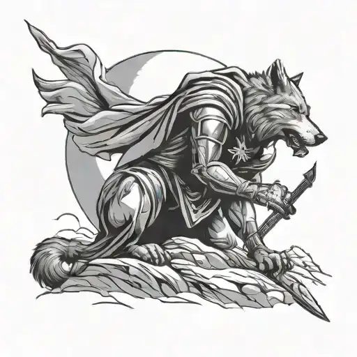 hooded crusader knight kneeling holding sword, mountain setting, full moon, howling wolf tattoo design idea