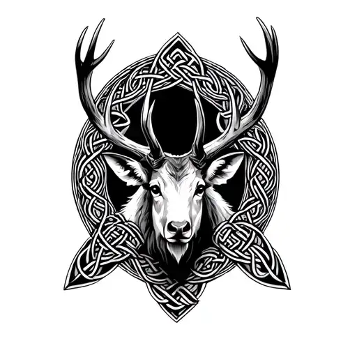 stag head with celtic patterns surrounded by a celtic knot tattoo design idea