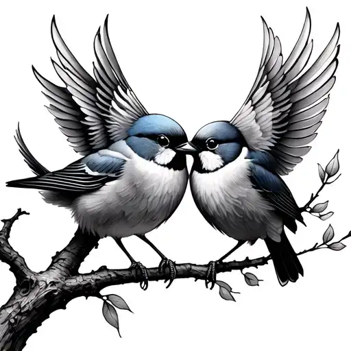 whimsical branch with two love birds kissing each other with nathan added tattoo design idea