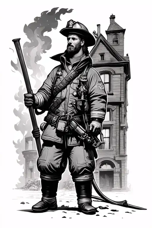 St Florian firefighter with burning house tattoo design idea