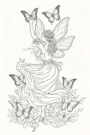 fairy pivoting with arms up and her skirt falling. view fromt the back/ side to see wings. standing on a butterfly leaf tattoo design idea