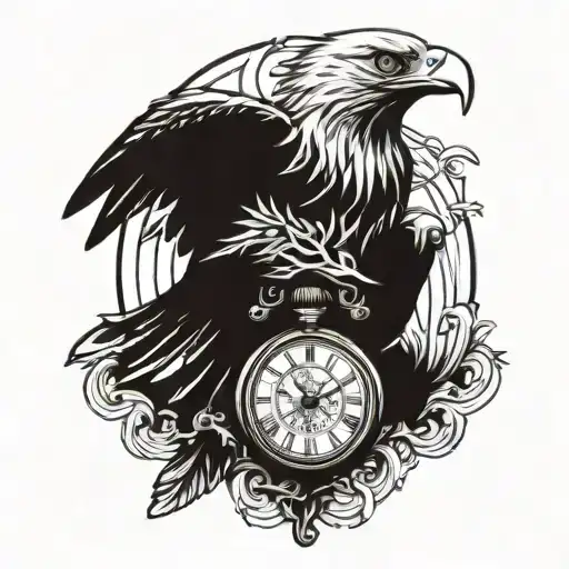 eagle intertwined with a flag holding a pocket watch tattoo design idea