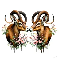 Two ibexes mirrored, with their heads touching. At the point of contact, a blooming tree. tattoo design idea