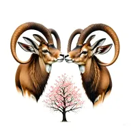 Two ibexes mirrored, with their heads touching. At the point of contact, a blooming tree. tattoo design idea