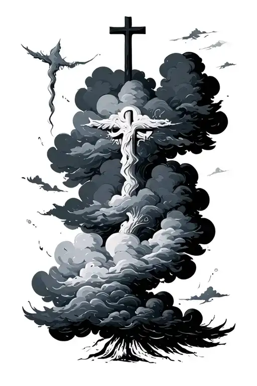 faded clouds with cross rustic tattoo design idea