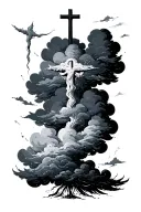 faded clouds with cross rustic tattoo design idea