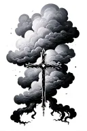 faded clouds with cross rustic tattoo design idea