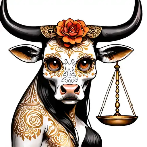 feminine bull with sugar skull markings, brown eyes and two Libra scales and dark background tattoo design idea