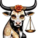 feminine bull with sugar skull markings, brown eyes and two Libra scales and dark background tattoo design idea