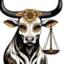 feminine bull with sugar skull markings, brown eyes and two Libra scales and dark background tattoo design idea