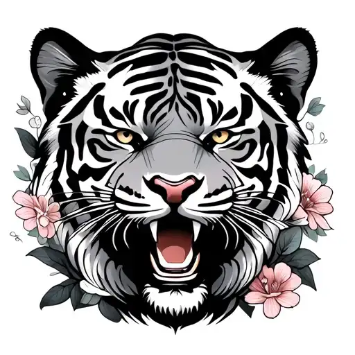 japanise style tiger with fish with flower print logo designjapanise style tiger with fish with flower print log tattoo design idea