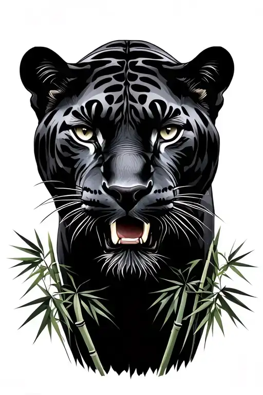 darker realistic panther front view with silhouettes of bamboo in the backround tattoo design idea