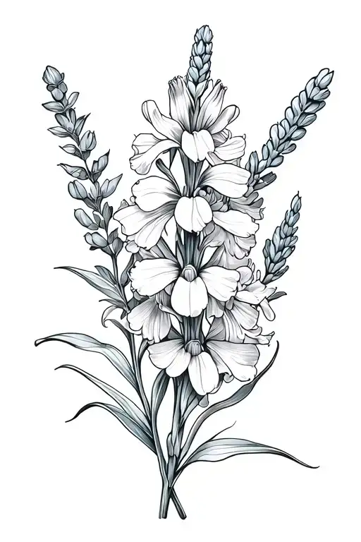 Snapdragon, hyacinth, lavender, iris flowers blooming tattoo design idea