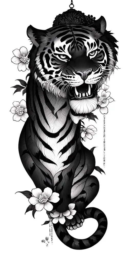 sakura, black tiger, Chinese paper lanterns tattoo design idea