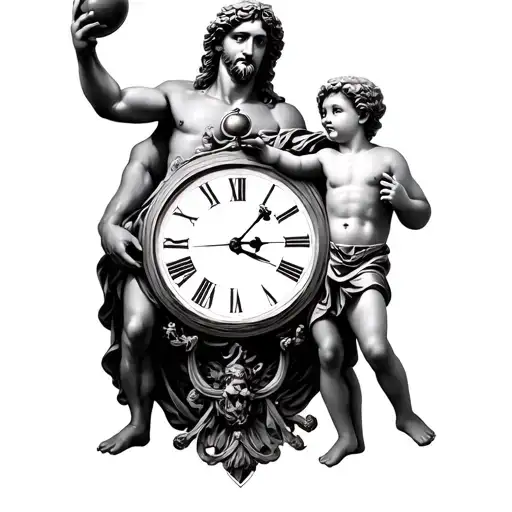 Analog clock and Greek god and child with ball in hand tattoo design idea