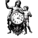 Analog clock and Greek god and child with ball in hand tattoo design idea