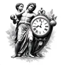 Analog clock and Greek god and child with ball in hand tattoo design idea