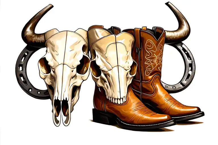 horseshoe bull skull cowboy boots tattoo design idea