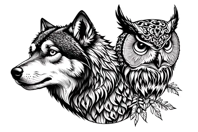 forest, wild animals, wolf and owls tattoo design idea