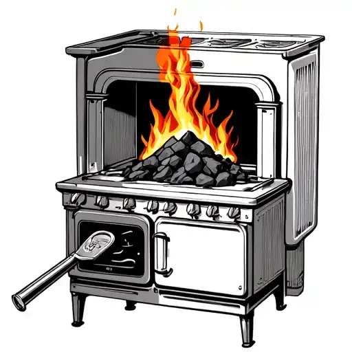 Make me a tattoo design with a coal on and in half a stove key with medium heat and on the fire a tattoo design idea